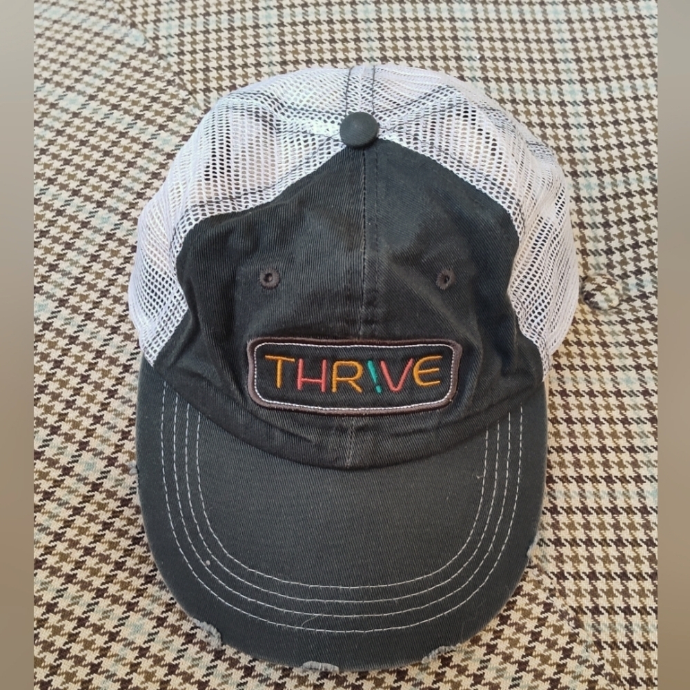 Thrive Distressed Baseball Trucker Cap Hat | Charcoal and White Mesh
